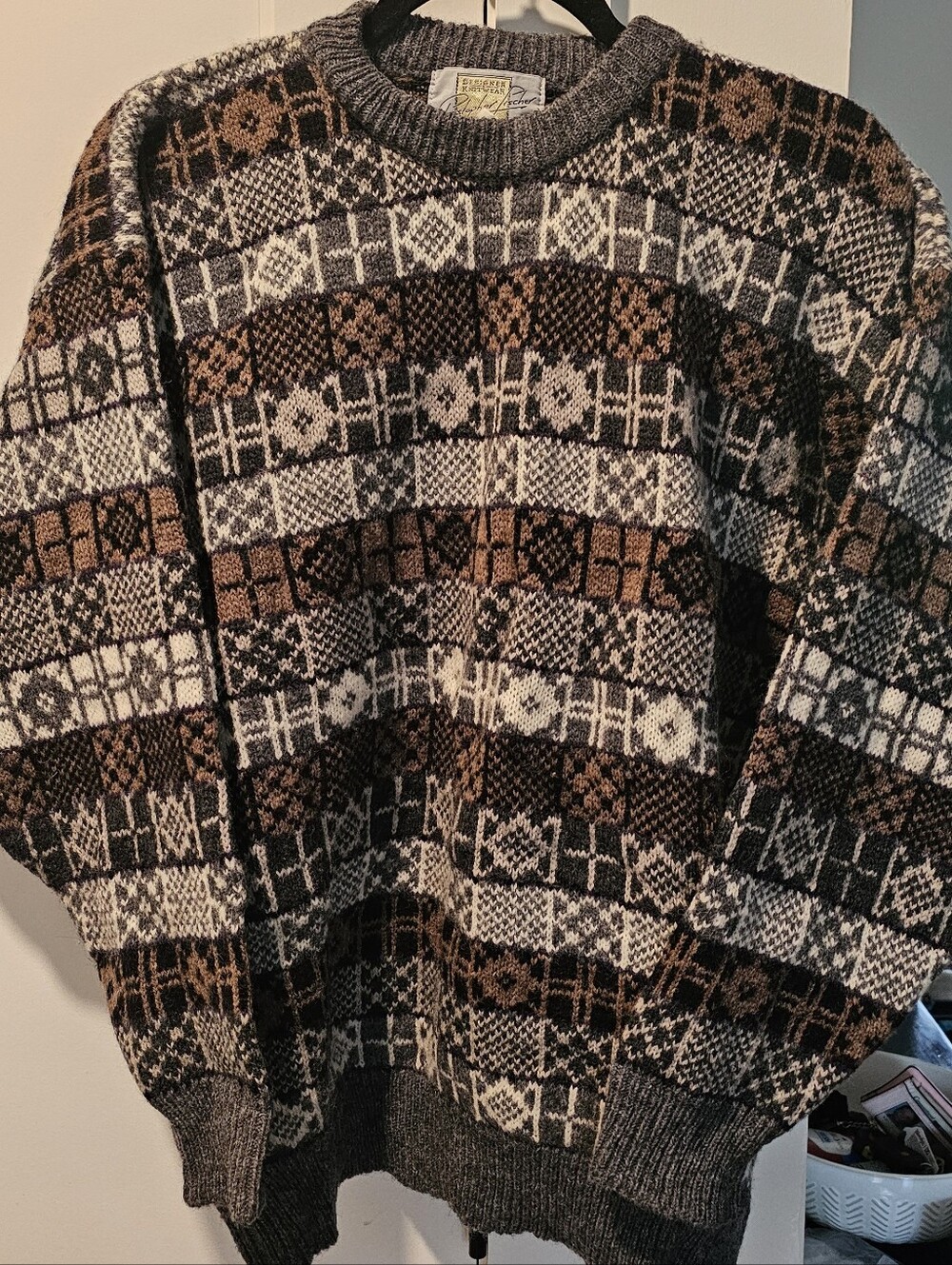 Christopher Fischer Designer Knitwear Men's 100% Wool Fair Isle Sweater, Large
